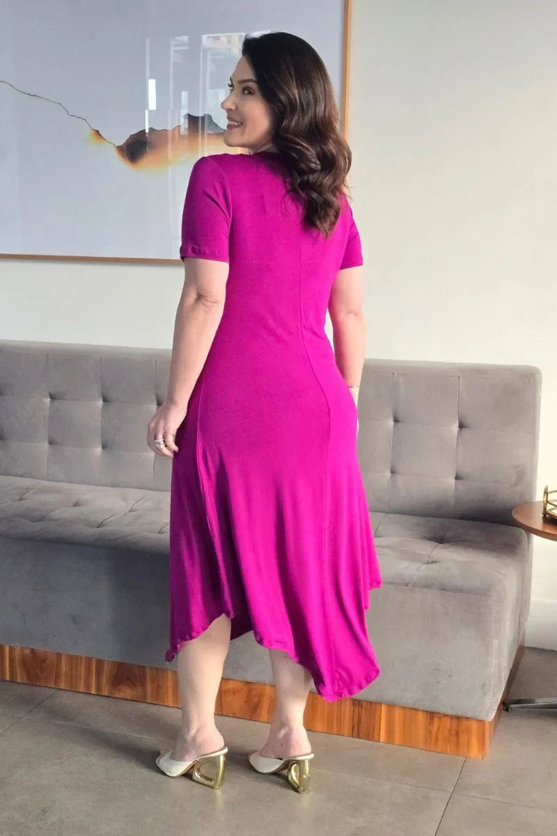 Vestido Betina Fúcsia em Viscolycra com Barra Assimétrica