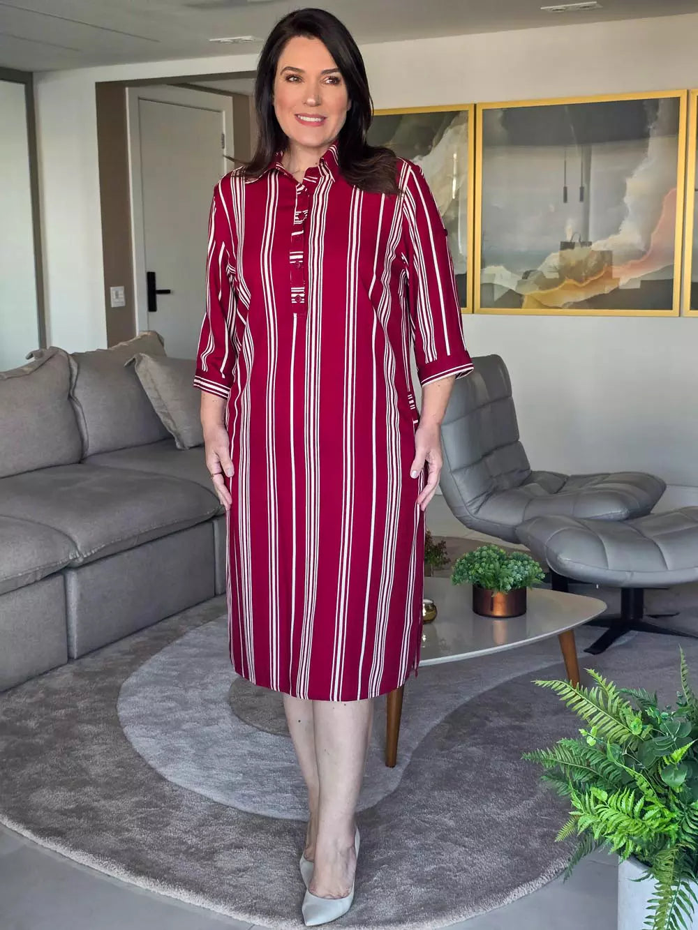 VESTIDO CHEMISE MANGA 3/4 VERMELHO