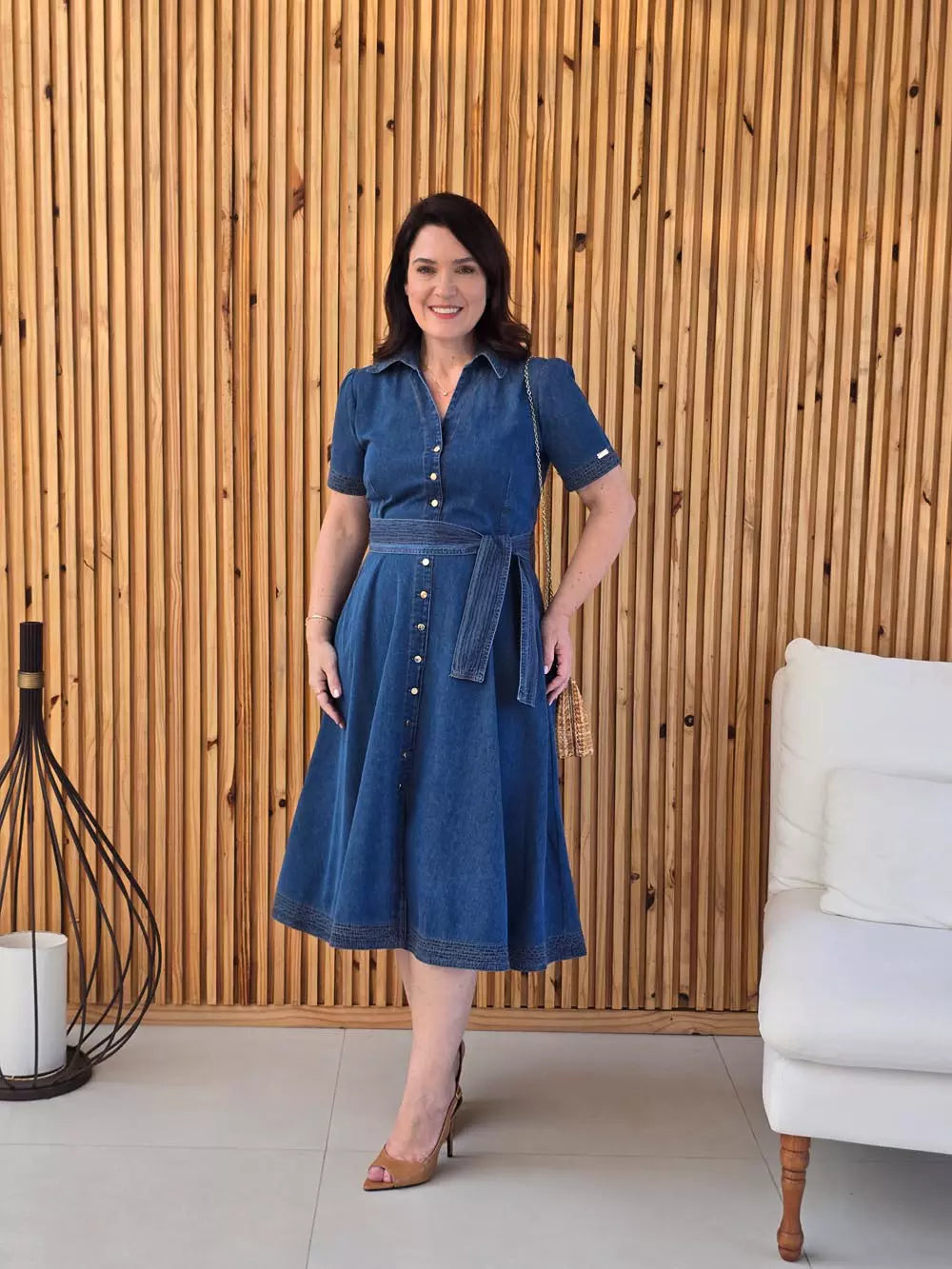 VESTIDO C/ CINTO E BARRA PESPONTADO