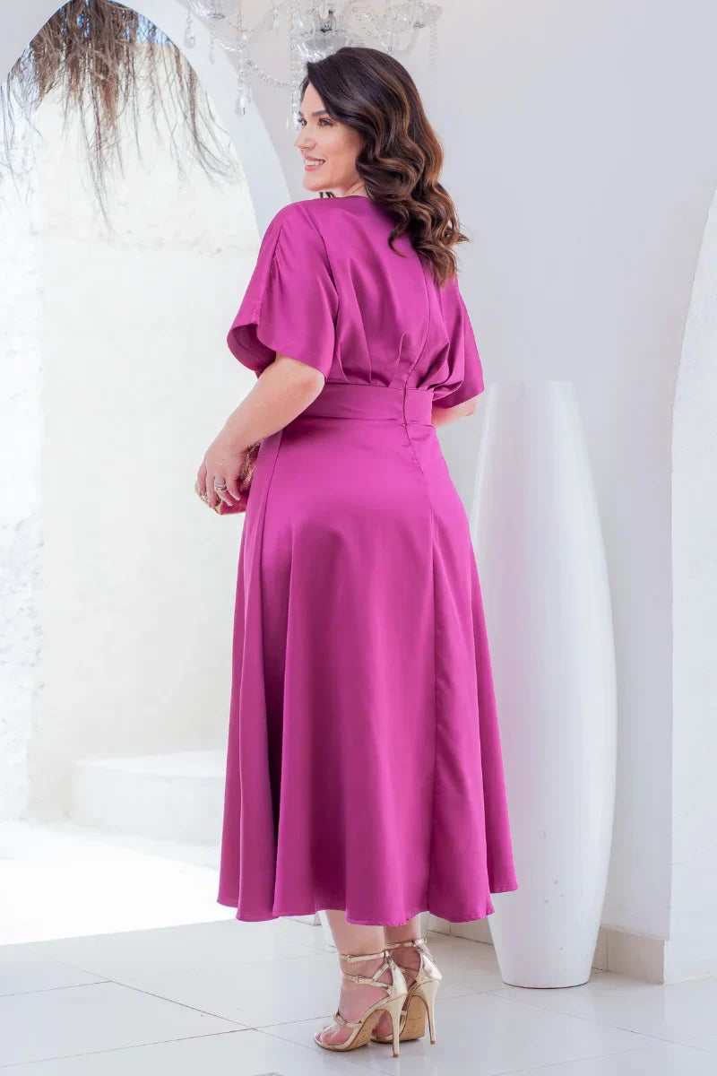 Vestido Midi Élise Fucsia em Crepe Acetinado