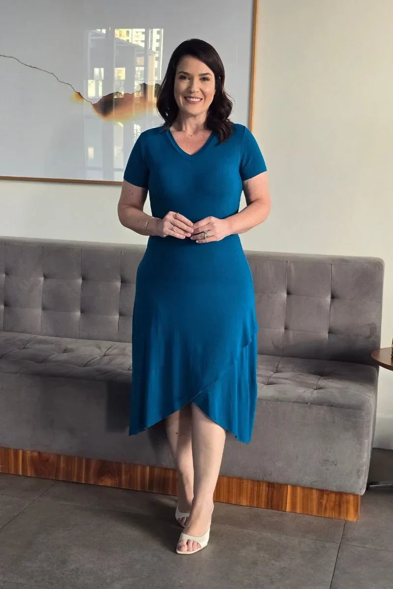 Vestido Samira Azul Barra Transpassada em Viscolycra