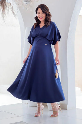 Vestido Midi Élise Azul Marinho em Crepe Acetinado