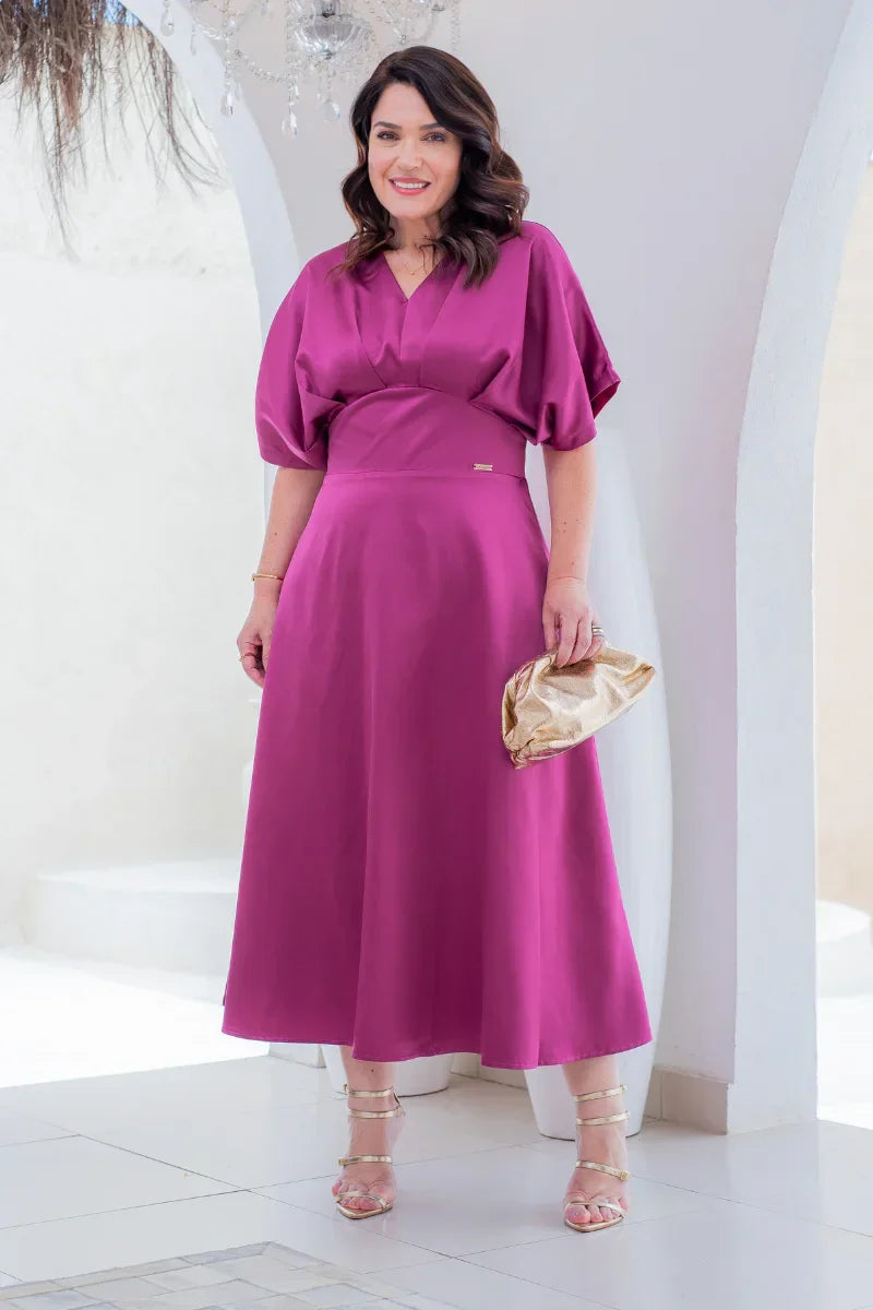 Vestido Midi Élise Fucsia em Crepe Acetinado
