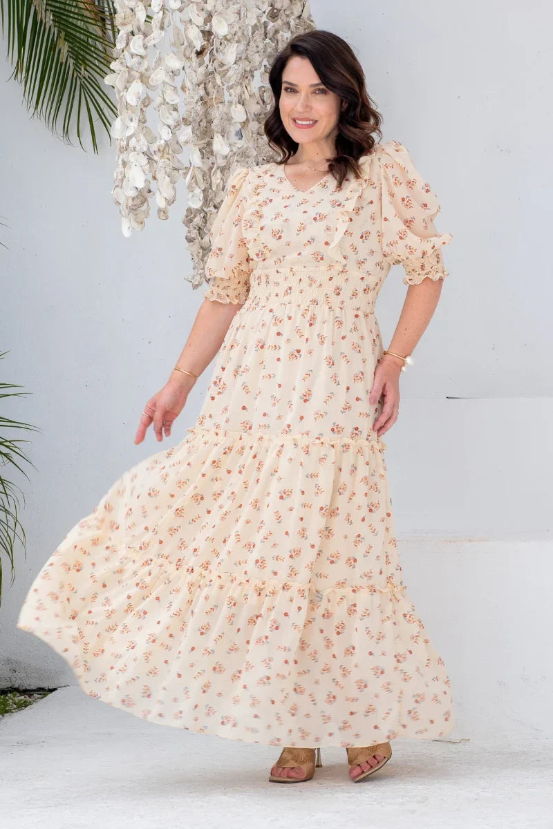 Vestido Sabine Bege Floral Paisley em Chiffon