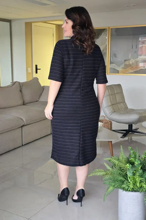 Vestido Tubinho Preto em Jacquard Listrado Renata